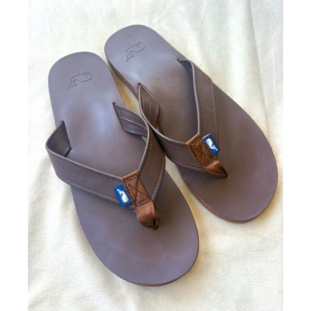 Vineyard Vines Brown Whale Logo Thong Flip Flop Sandals US 11 Leather Man’s